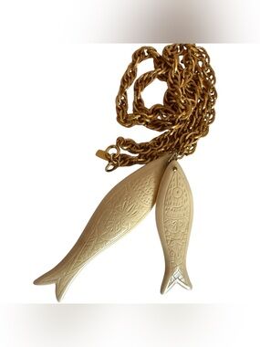 Vintage Kenneth Lane Double Fish Pendant Necklace Faux Ivory KJL Statement